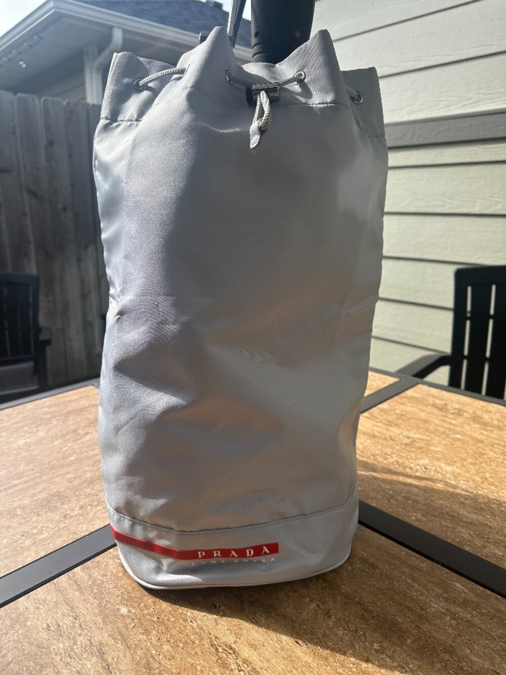 Prada Parfums Luna Rossa Grey Nylon Drawstring Duffle Backpack Gym Bag